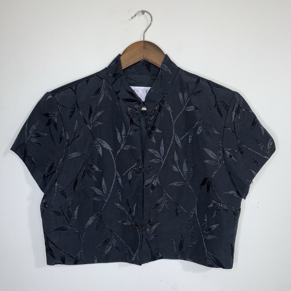 JR Nites By Caliendo Womans Blouse Top Black Size 10 Floral Short Sleeve Vintage